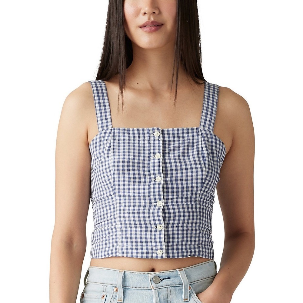 Levis Womens Blue White Gingham Button Front Smocked Back Crop Tank Top Large